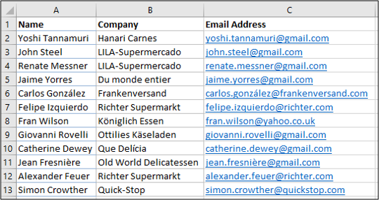 Lista de contatos no Excel