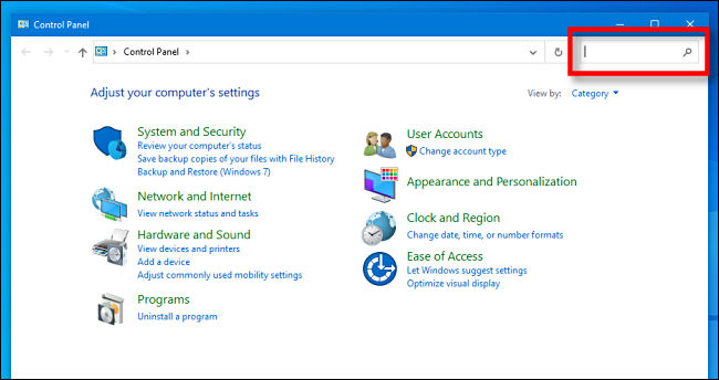 Localize a barra de pesquisa do Painel de Controle do Windows 10.