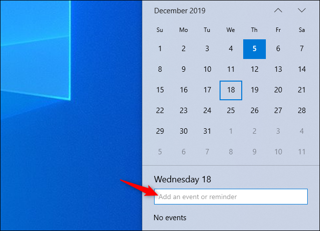 Adicionar um evento ao seu calendário a partir do painel do relógio da barra de tarefas do Windows 10.