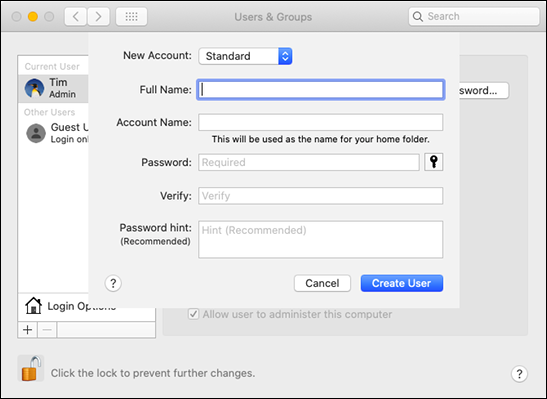 O formulário "Usuários e grupos" em "Preferências do sistema" em um Mac.