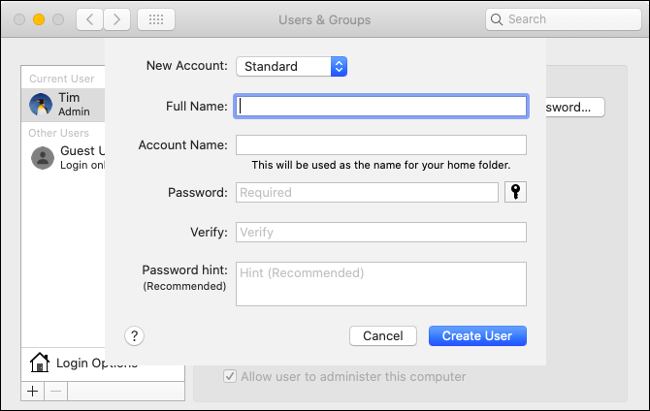 Crie contas de usuário no macOS
