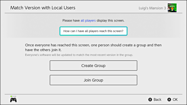 Crie um grupo ou entre em um grupo para atualizar o software no Nintendo Switch