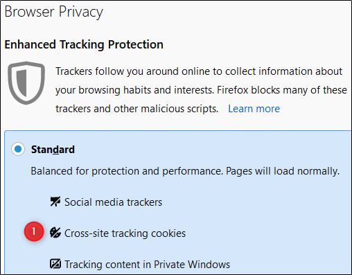 O menu "Privacidade do navegador" no Firefox.