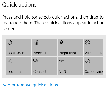 ações rápidas disponíveis mostradas no aplicativo de configurações