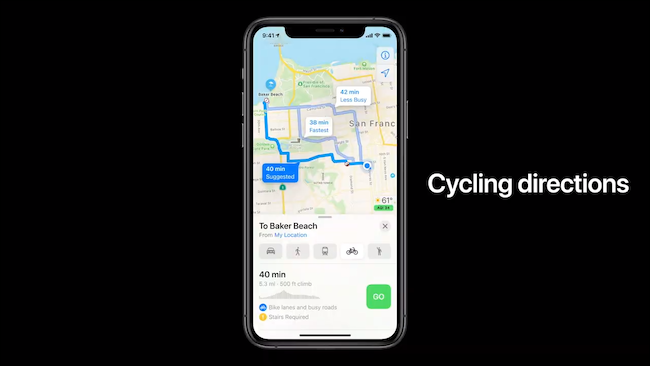 Rotas de bicicleta no Apple Maps