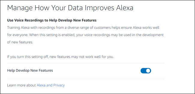 Alexa painel de controle de privacidade com alternância 'ajudar a desenvolver novos recursos'.