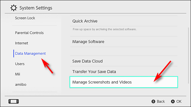 Selecione Gerenciar screenshots e vídeos nas configurações do Nintendo Switch