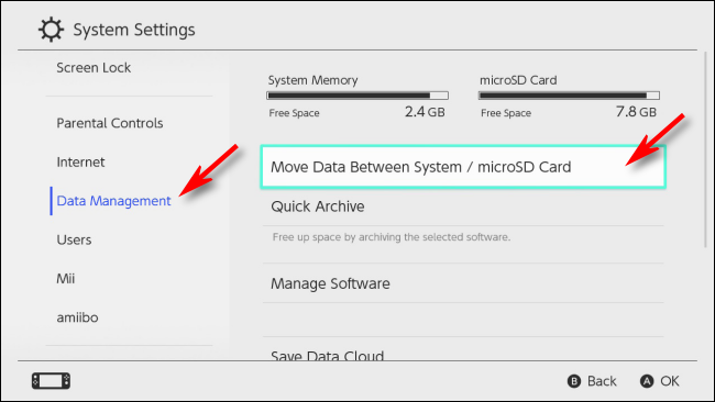 Selecione Gerenciamento de Dados no Nintendo Switch