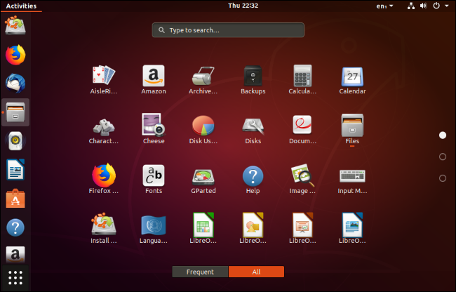 Uma lista dos aplicativos padrão instalados em um desktop Ubuntu.