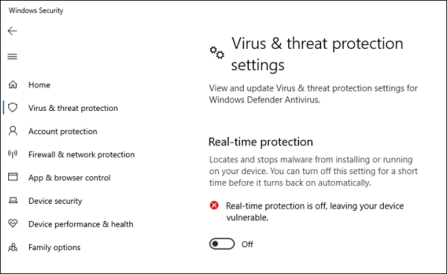 Opção de proteção em tempo real do Windows 10 Defender Antivirus desativada