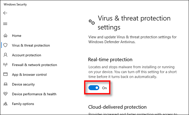 Opção de proteção em tempo real do Windows 10 Defender Antivirus ativada