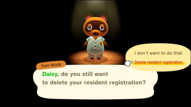 Confirmação de exclusão de dados de residente em Animal Crossing: New Horizons