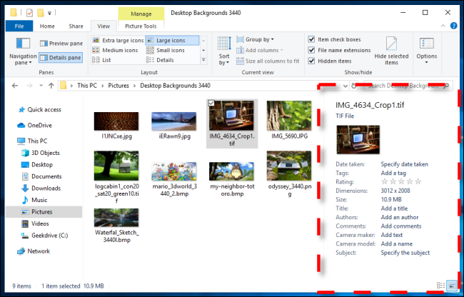Exemplo de painel de detalhes no Windows 10 File Explorer