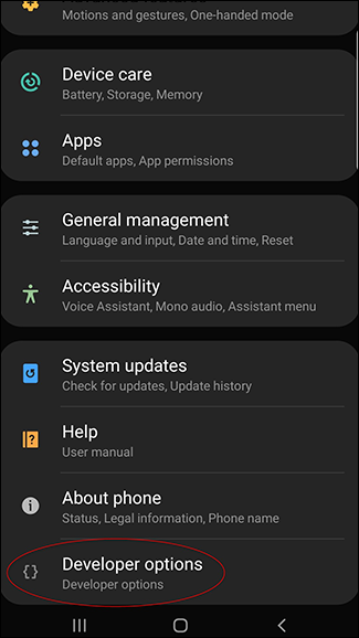 Uma captura de tela da página de configurações do Android com as Opções do desenvolvedor agora disponíveis