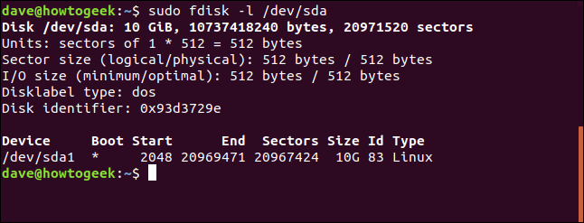 saída do fdisk em uma janela de terminal