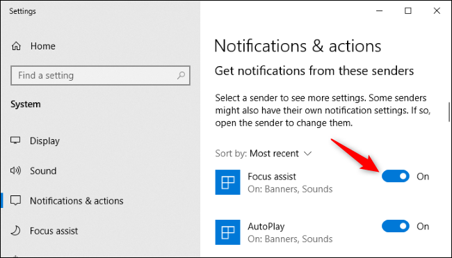 Desativando notificações para um aplicativo nas Configurações do Windows 10.