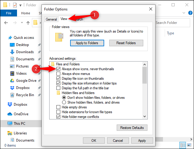 Configurando o File Explorer para sempre mostrar ícones e nunca miniaturas