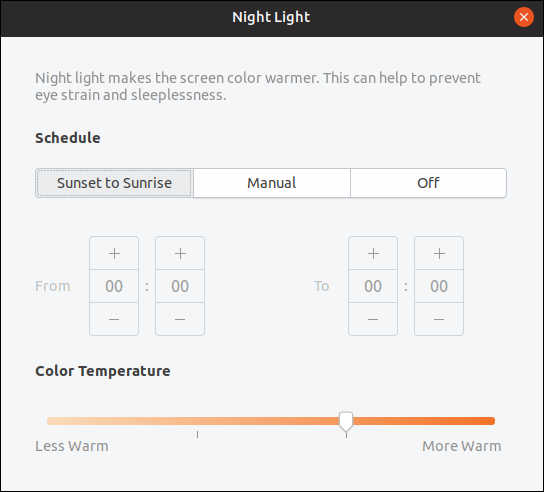 Opções de Night Light no GNOME 3.32