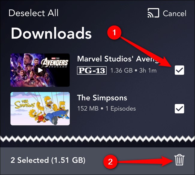 Disney + App Selecione itens e toque no botão Excluir