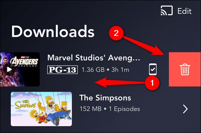Disney + App Deslize para a esquerda no item e toque em Excluir ícone