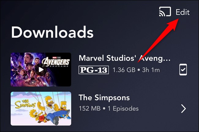 Disney + App Toque no botão Editar