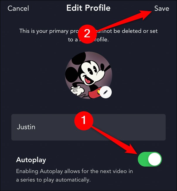 Disney + App Toggle Autoplay e selecione o botão Salvar