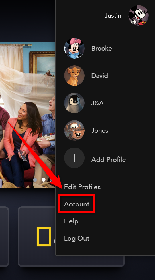 Disney + Selecione o botão "Conta"