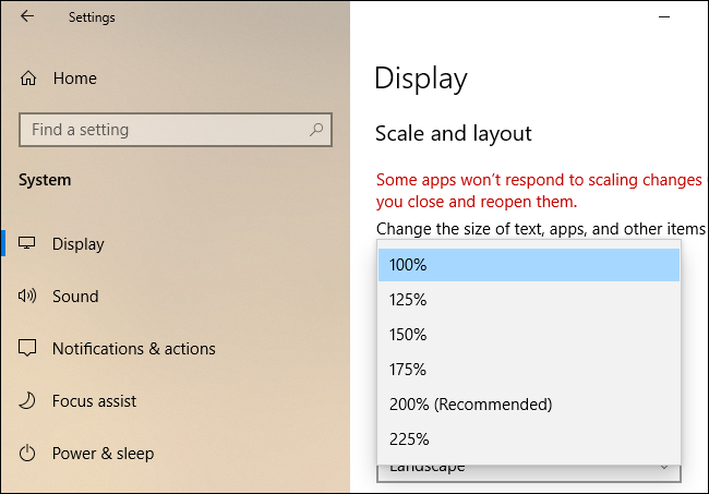 Configurações de "Escala e Layout" no Windows 10.