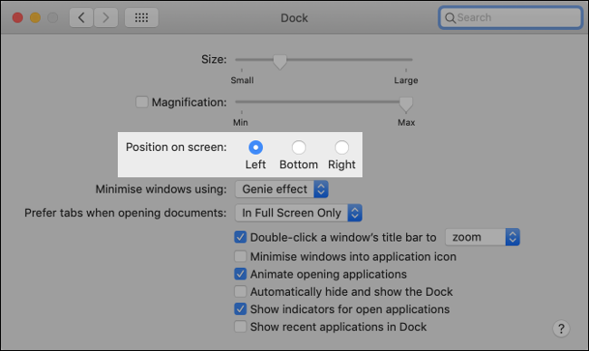 A configuração "Posição na tela" no menu "Dock" do macOS.