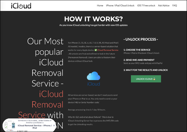 O site do serviço de remoção do iCloud.