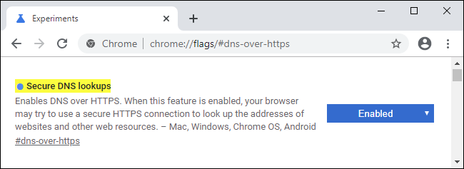 Sinalizador de pesquisas DNS seguras no Chrome 79.