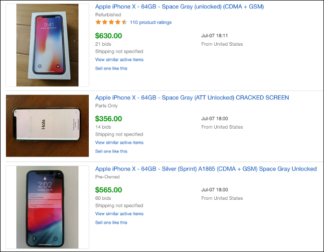 Listagens de leilão do eBay de iPhone X vendidos.