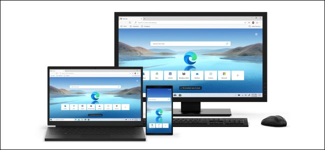 Navegadores Edge em execução em um PC desktop, laptop e smartphone.