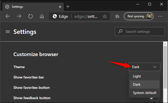 Habilitando o modo escuro no novo Microsoft Edge baseado em Chromium.