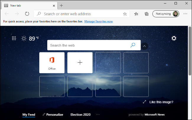 A página Nova guia no novo navegador Microsoft Edge.