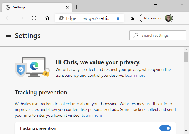 Configurações de prevenção de rastreamento no novo Microsoft Edge