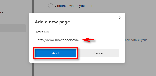 Em Configurações do Edge, digite o endereço de um site e clique em "Adicionar".