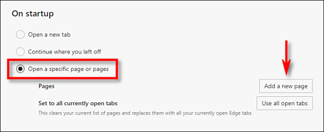 No Edge, selecione "Abrir uma página ou páginas específicas" e clique em "Adicionar uma nova página".