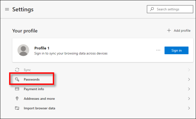 Clique em Senhas em Configurações do Edge