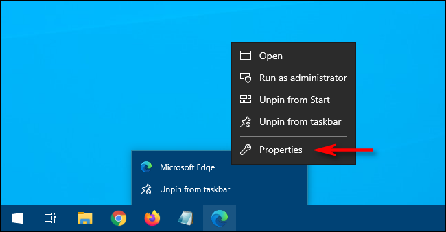 Clique com o botão direito no atalho do Edge e selecione Propriedades no Windows 10