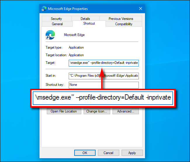 Adicionar InPrivate ao caminho em atalho para Microsoft Edge no Windows 10