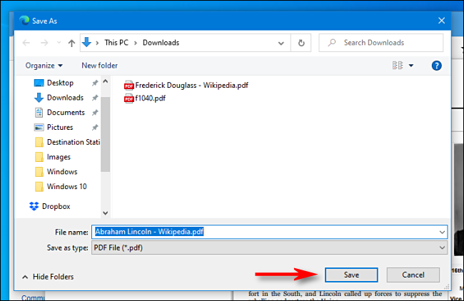Clique em Salvar na caixa de diálogo Salvar como no Microsoft Edge