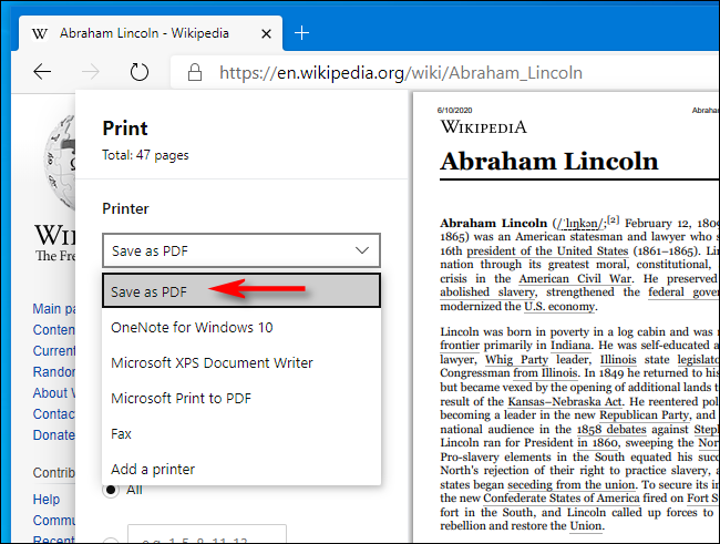 Selecione Salvar como PDF na janela Imprimir no Microsoft Edge