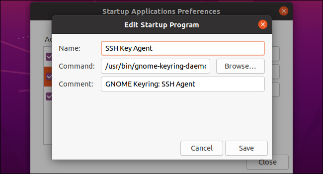 Editando um programa de inicialização na área de trabalho GNOME do Ubuntu.