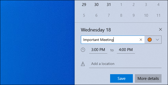 Editar os detalhes de um evento ao adicioná-lo ao painel do relógio do Windows 10.