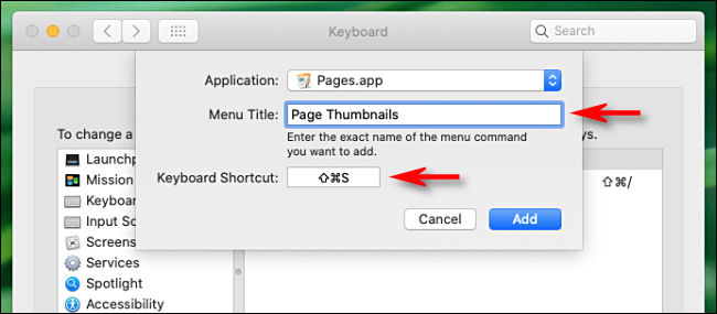 Digite o nome do comando de menu na caixa "Título do menu" e o atalho que deseja usar na caixa "Atalho do teclado".