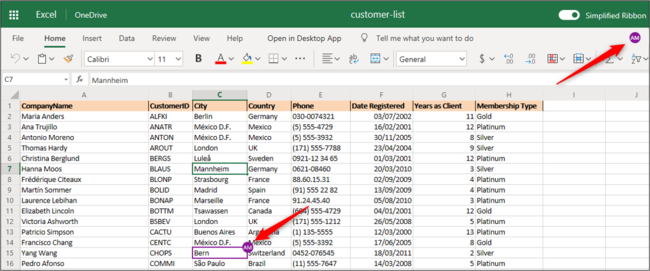 A pasta de trabalho compartilhada aberta no Excel para a web.