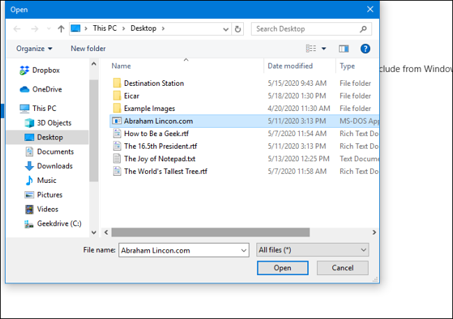 Seleção de um arquivo para excluir das verificações do Windows Defender nas Configurações de Segurança do Windows para Windows 10
