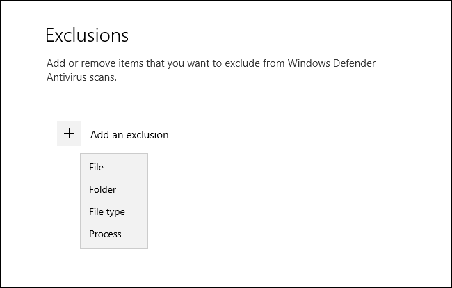 Menu de tipos de exclusão no Windows Security for Windows 10