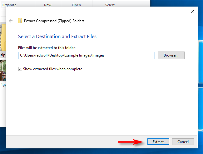 Clique em “Extrair” no Windows 10.